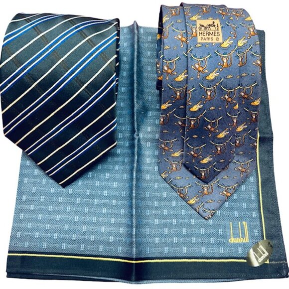 Set Necktie Silk : Hermes Paris & Flamboyant Blue +Dunhill Handkerchief  19"(47) - Picture 4 of 16